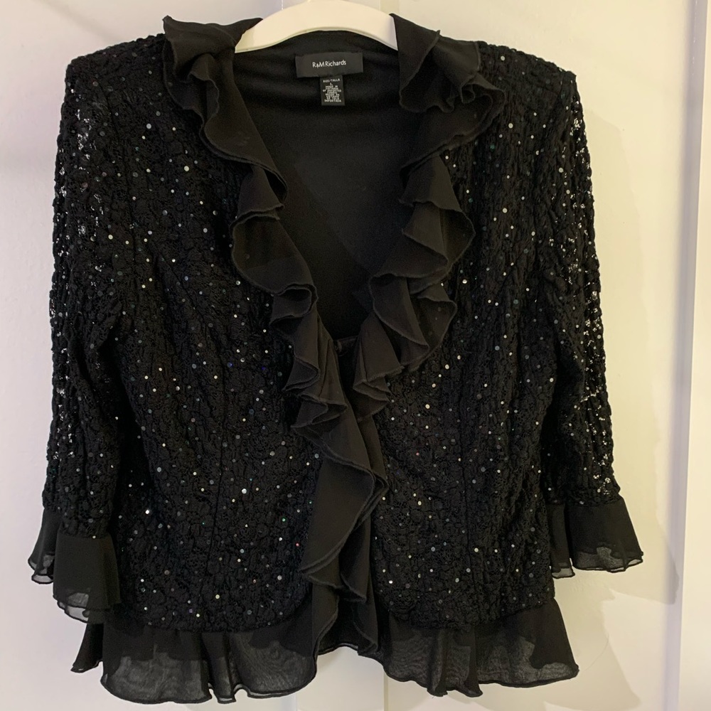 R & M Richards sequined top, black, size: large. Can be worn as a top or jacket!